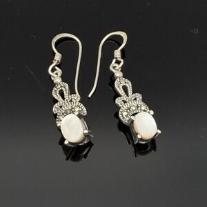 Vintage Marsala 925 Sterling Silver Mother of Pearl Marcasite Dangle Earrings